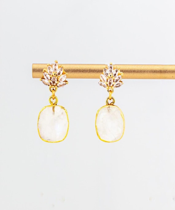 Rainbow Moonstone Drop Earrings: Dainty Vintage Style Bridal & Boho Wedding Jewelry