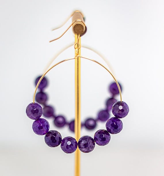 Amethyst Hoop Earrings: Beaded Boho Chic Purple Gemstone Statement Jewelry