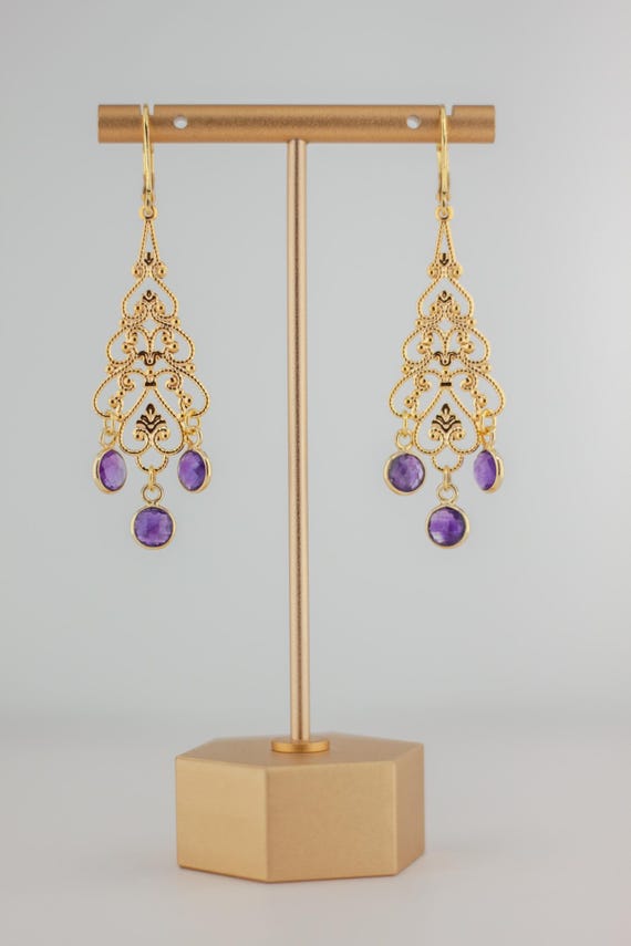 Gold Filigree Earrings: Boho Luxe Beaded Chandelier Style Amethyst Jewelry