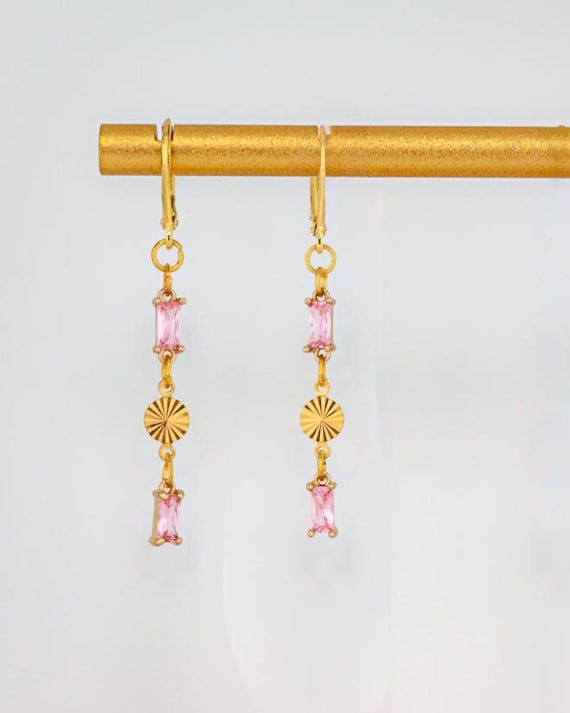 Pink Crystal Drop Earrings: Dainty Vintage Style, Everyday Gold Jewelry
