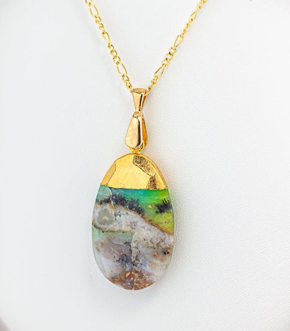 Boho Chic Peruvian Opal Gold Statement Necklace: Bold Beaded Gemstone Pendant Necklace