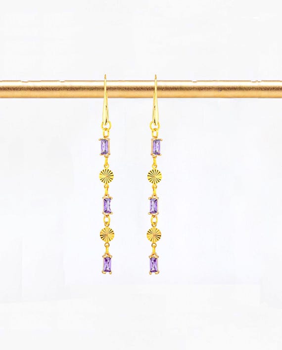 Purple Glass & Gold Art Deco Earrings: Long Rectangle Dangle