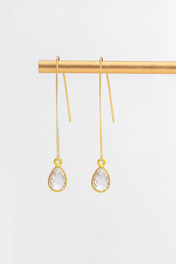 Clear Quartz Drop Earrings: Minimalist Gold Fishhook Style, Dainty Everyday Gemstone Jewelry