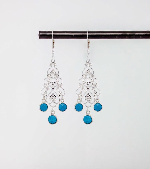 Silver Filigree Earrings: Boho Luxe Beaded Chandelier Style Turquoise Blue Statement Jewelry