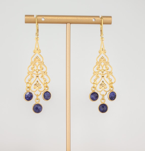 Gold Filigree Earrings: Boho Luxe Beaded Chandelier Style Cobalt Blue Statement Jewelry