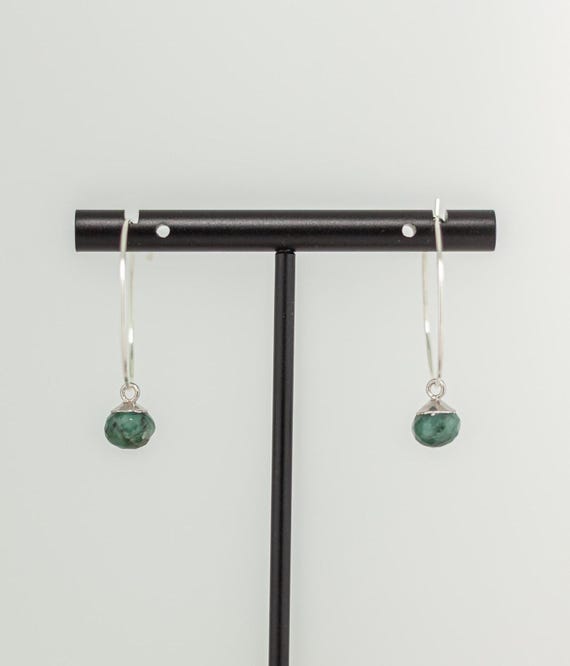 Dainty Natural Emerald Earrings – Small Silver Hoop Earrings with Green Gemstone Drops