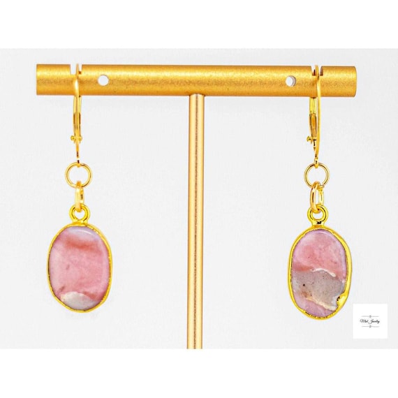 Pink & Grey Opal Drop Earrings: Boho Chic Style Dainty Gold Gemstone Jewelry