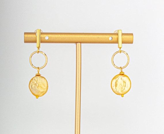 Lemon Yellow Pearl Earrings: Gold Geometric Boho Dangle Earrings
