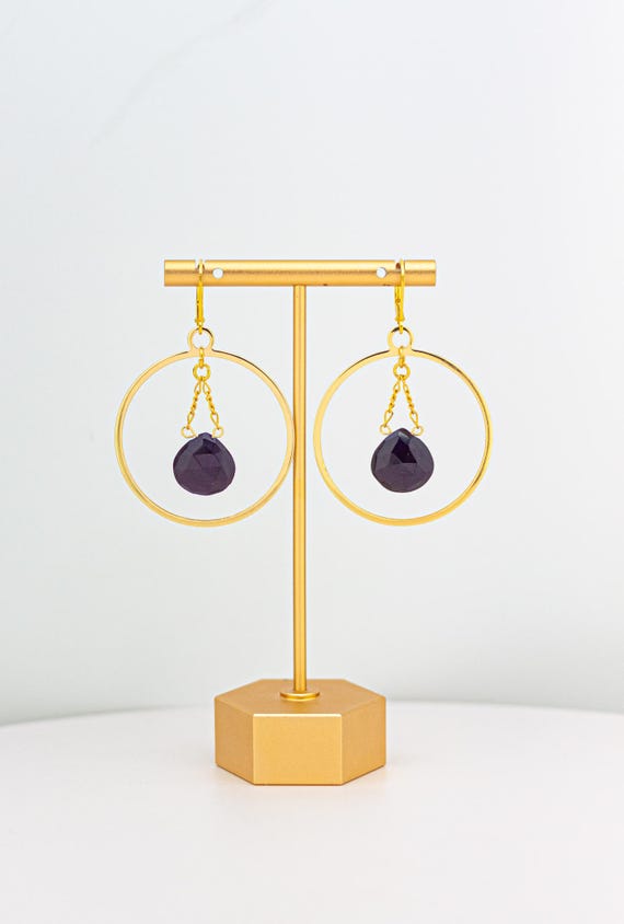 Large Gold Hoop Earrings: Purple Amethyst Gemstone Statement Jewelry, Boho Chic Dangles