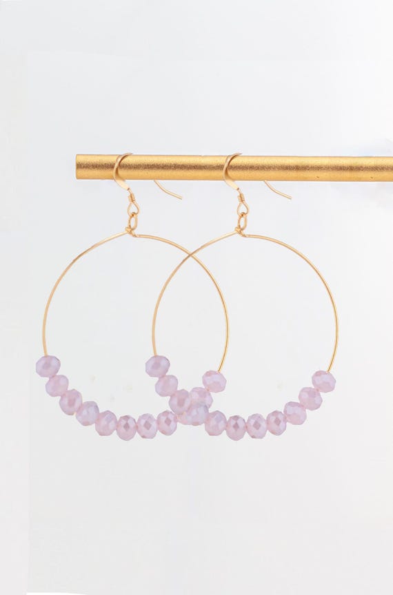 Lavender Glass Beaded Hoop Earrings: Gold-Filled Boho Statement Jewelry