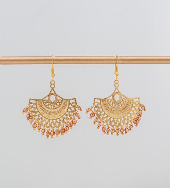 Gold Filigree Caramel Petit Pearl Dangle Earrings: Beaded Chandelier Style Boho Luxe Jewelry