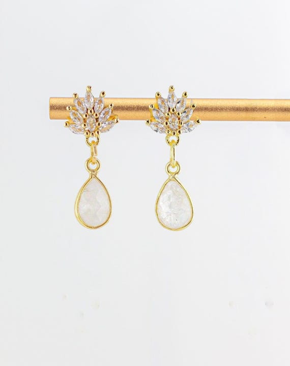 Dainty Rainbow Moonstone Drop Earrings: Art Deco Vintage Style Gold Bridal Jewelry