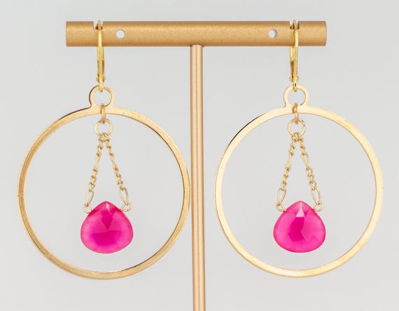 Hot Pink Gold Hoop Earrings: Pink ChalcedonyGemstone Statement Jewelry, Boho Chic Dangles