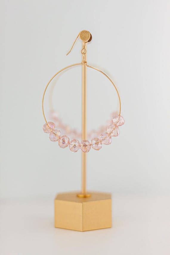 Rose Pink Beaded Gold Hoop Earrings: Boho Chic Statement Jewelry