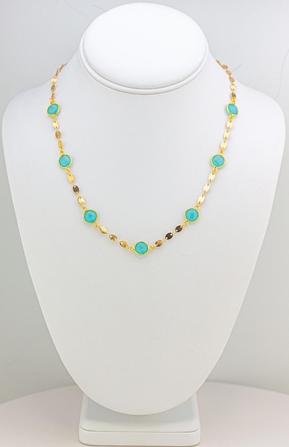 Aqua Chalcedony Stone Gold Statement Necklace - Shimmering Blue Gemstone Layering Necklace