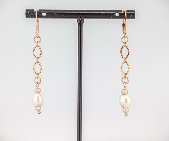 Dainty Pearl Dangle Earrings: Pink Rose Gold Jewelry with White and Lavender Gemstone Beads