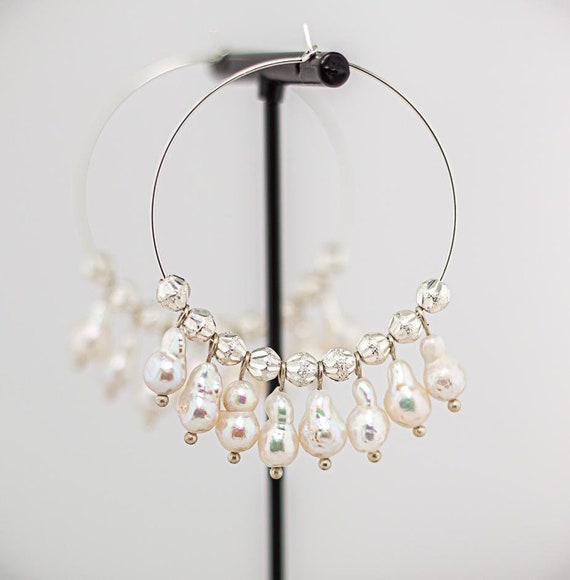 Baroque Pearl Hoop Earrings: Sterling Silver, Rose Gold, Iridescent White