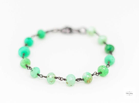 Chrysoprase Beaded Chain Bracelet: Bold Boho Chic Green Gemstone Statement Jewlery