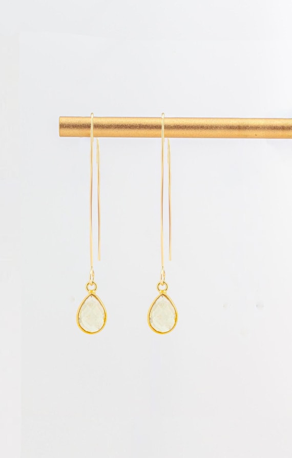 Lemon Quartz Drop Earrings: Minimalist Fishhook Style, Long Dainty Light Yellow and Gold Jewelry