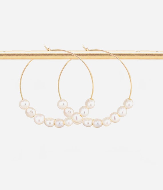 Gold Pearl Hoop Earrings: Boho Chic Freshwater Pearl Jewelry