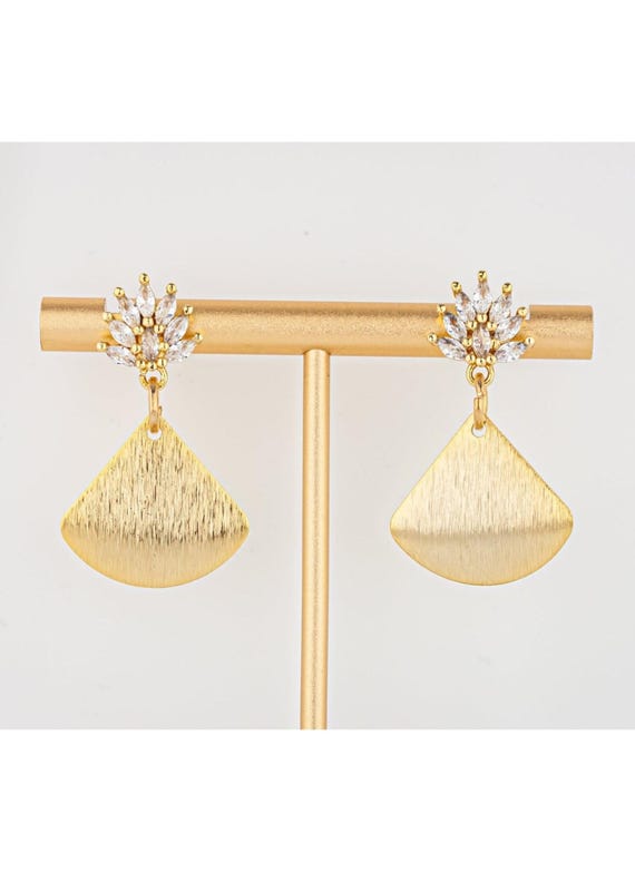 Brushed Brass Gold Drop Earrings: Art Deco Vintage Style Geometric Crystal Dangle Earrings