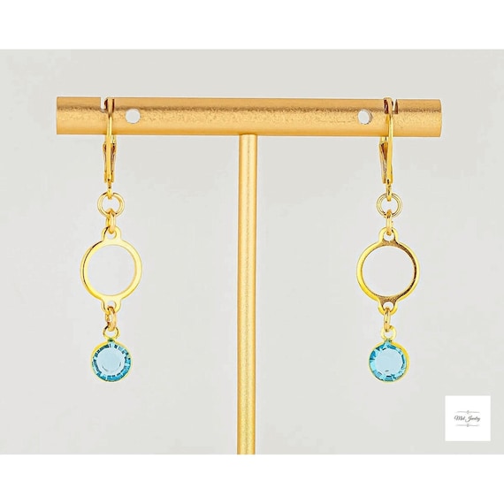Aqua Blue & Gold Drop Earrings with Geometric Links and Sparlky Glass - Everyday Earrings