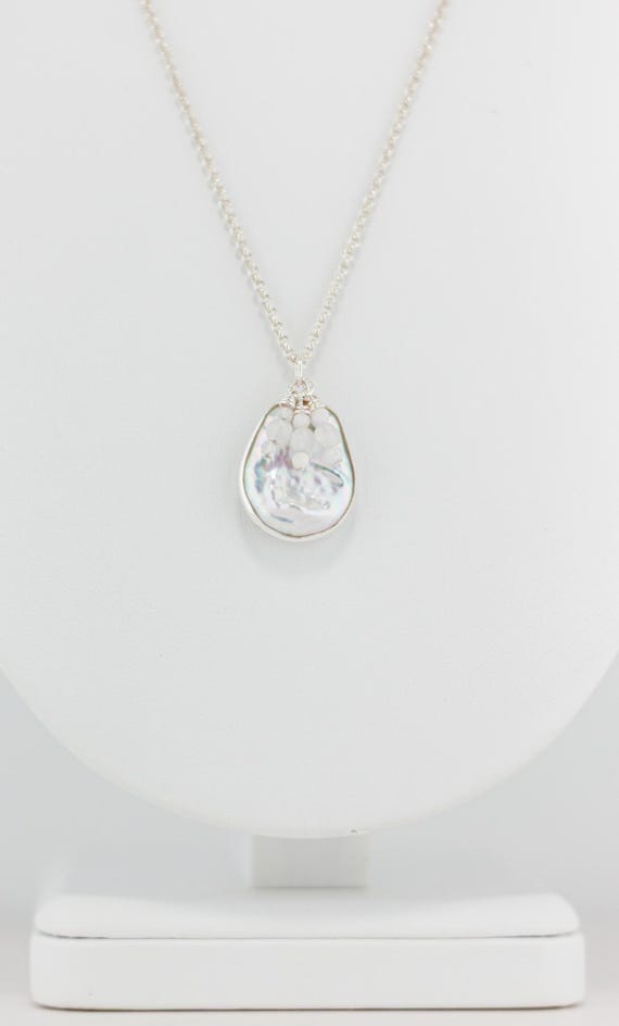 Baroque Pearl Moonstone Necklace: Beaded Boho Jewelry, Dainty Silver Chain with White Gemstone Pendant