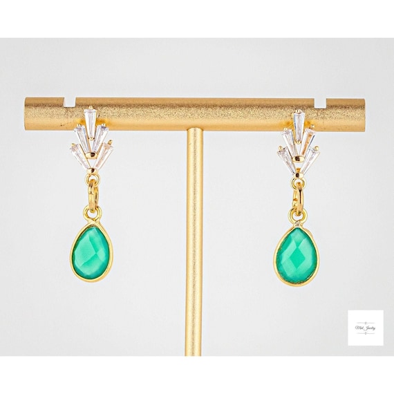 Green Onyx Drop Earrings: Cubic Zirconia Vermeil, Art Deco Style