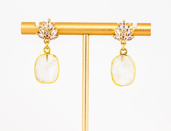 Rainbow Moonstone Drop Earrings: Dainty Vintage Boho Bridal Jewelry