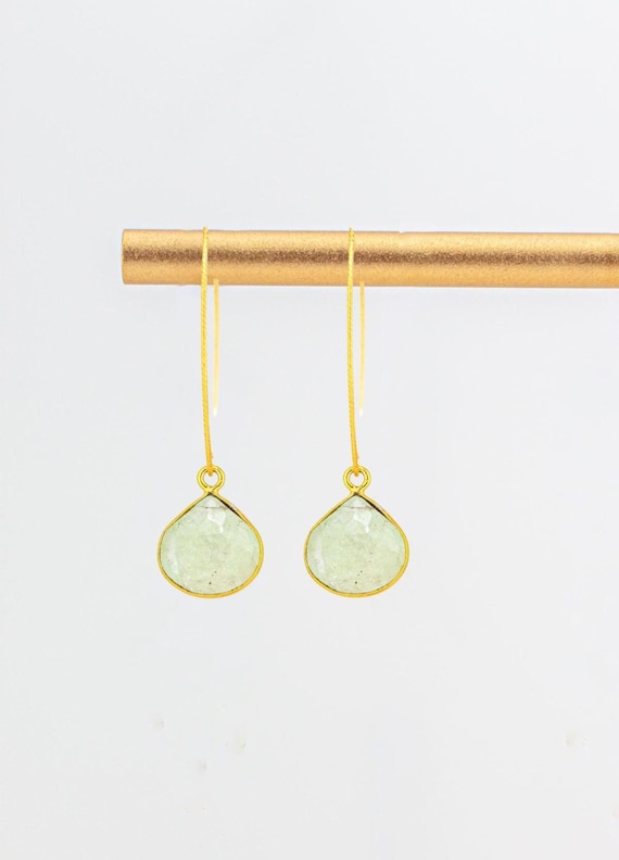 Aquamarine Drop Earrings: Minimalist Gold fishhook Style, Light Green Gemstone Jewelry