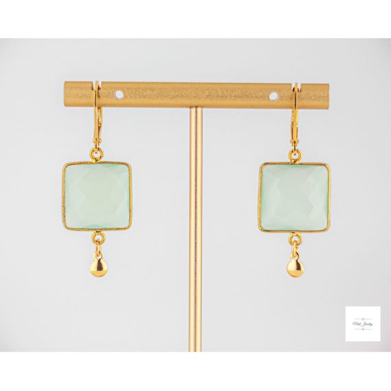 Light Lime Green Chalcedony Earrings: Square Shaped Gold Drops, Vintage Style