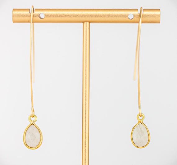 Rainbow Moonstone Earrings: Minimalist Fishhook Style, Long Gold Drop Earrings , Elegant Everyday Jewelry