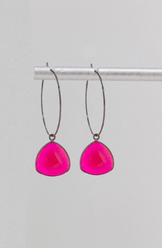 Hot Pink Hoop Earrings: Gunmetal Grey Stainless Steel, Bright Bold Fuschia Gemstone Statement Jewelry