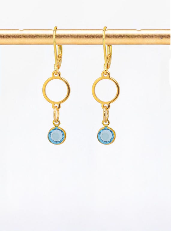 Aqua Blue & Gold Drop Earrings with Geometric Links and Sparlky Glass - Everyday Earrings