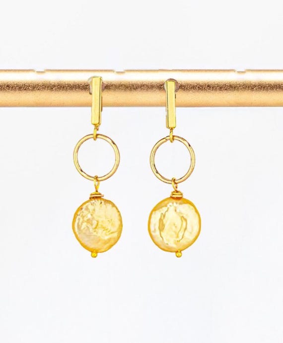 Lemon Yellow Pearl Earrings: Gold Geometric Boho Dangle Earrings