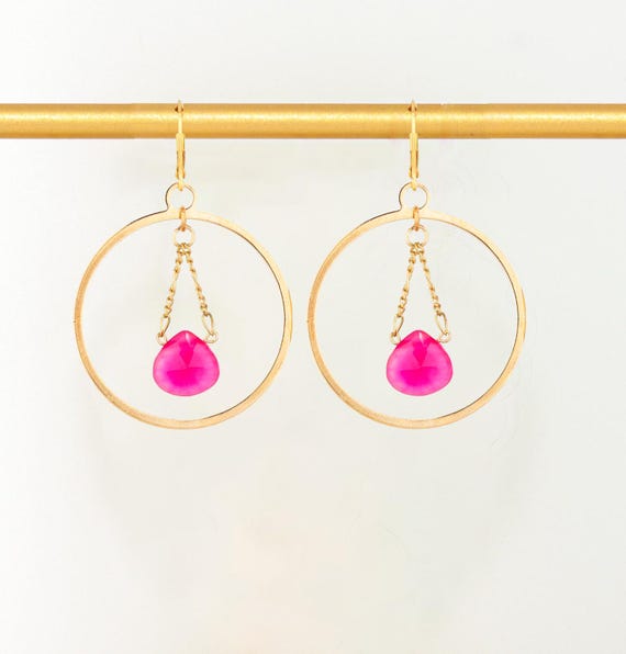 Hot Pink Gold Hoop Earrings: Pink ChalcedonyGemstone Statement Jewelry, Boho Chic Dangles