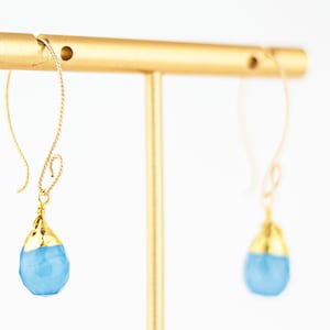 Chic Aqua Blue Chalcedony Dangle Earrings with Gold Leaf Accents: Pretty Handmade Chalcedony Drop Earrings & Elegant Gold Filled Twist Hooks