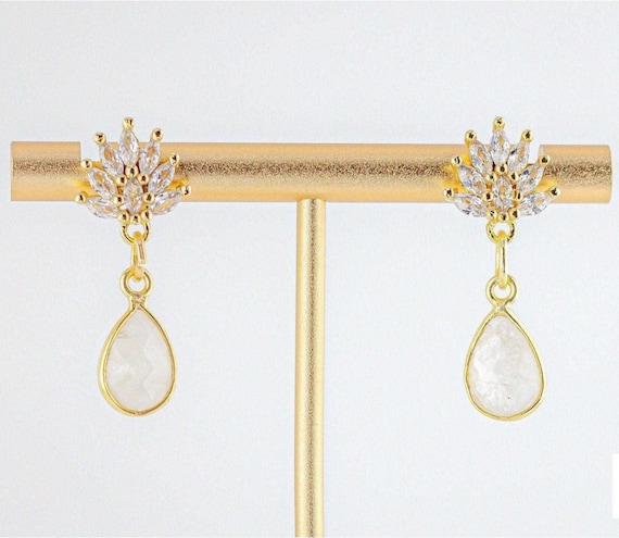Dainty Rainbow Moonstone Drop Earrings: Art Deco Vintage Style Gold Bridal Jewelry