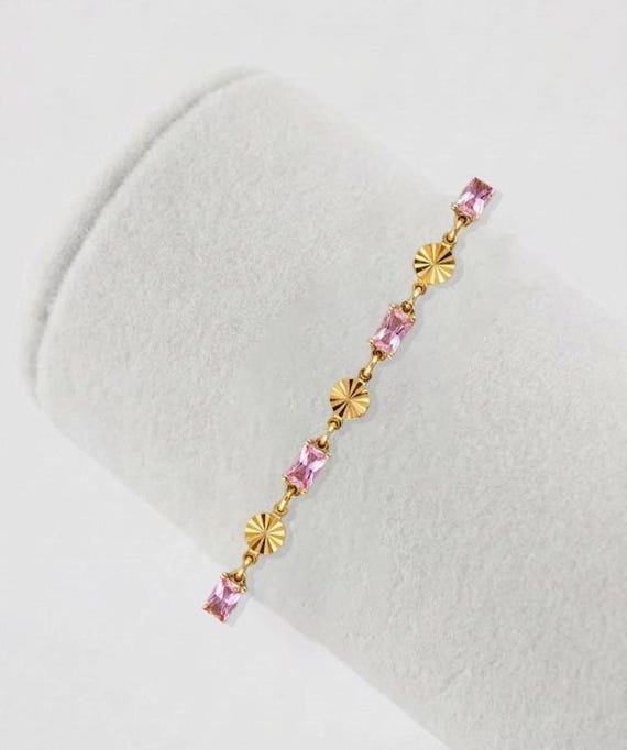 Pink Glass Bracelet: Art Deco Gold Link, Vintage Style
