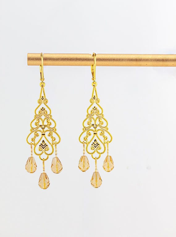 Gold Filigree Dangle Earrings: Chandelier Style Yellow and Gold Statement Jewelry