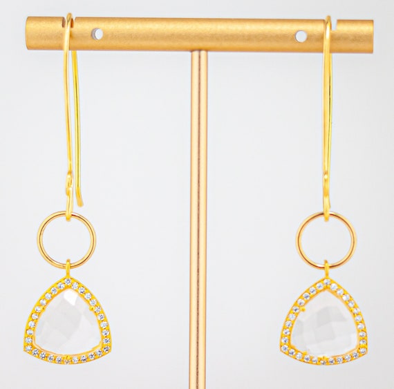 Quartz Crystal Dangle Earrings: Chic Bohemian Gold Statement Earrings with Cubic Zirconia Stones