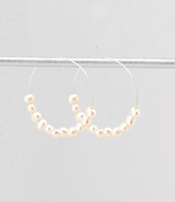 Pearl Hoop Earrings: Sterling Silver Hoops with White Freshwater Pearls, Boho Chic Statement Jewelry