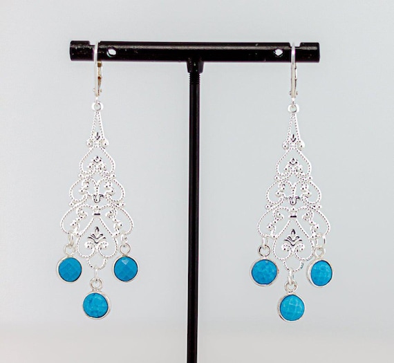 Silver Filigree Earrings: Boho Luxe Beaded Chandelier Style Cobalt Blue Statement Jewelry