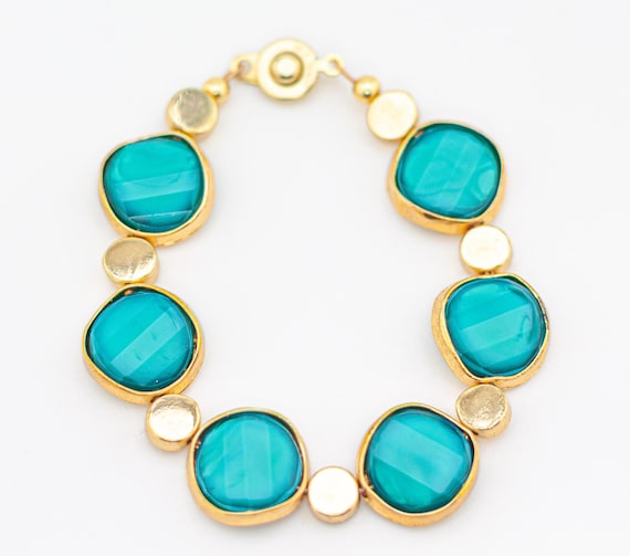 Bold Blue & Gold Statement Bracelet | Dark Teal Bohemian Beaded Bracelet | Modern Chic Chunky Gold Jewelry