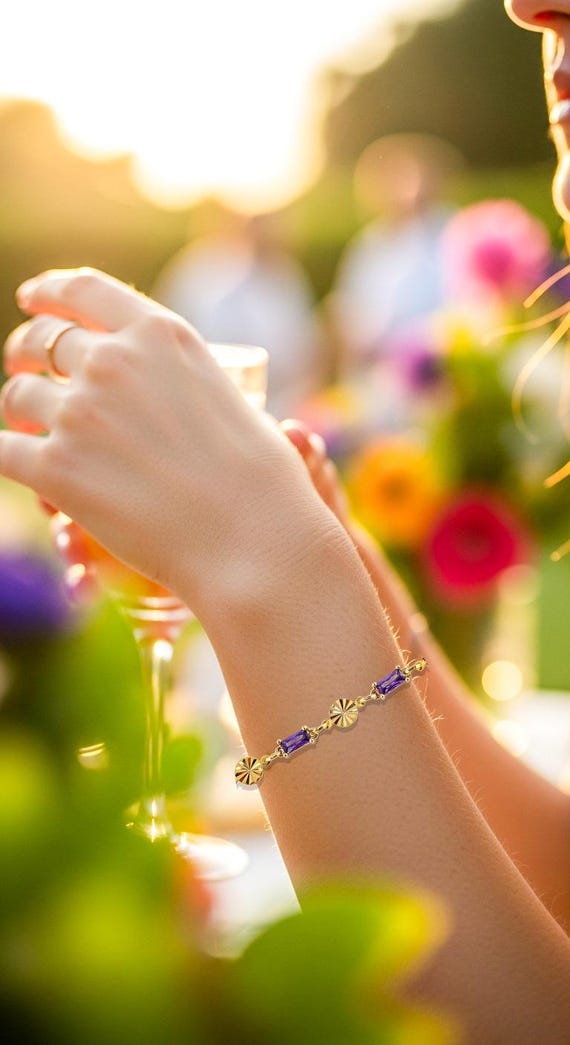 Shimmering Purple Glass & Gold Link Bracelet - Elegant Vintage Style