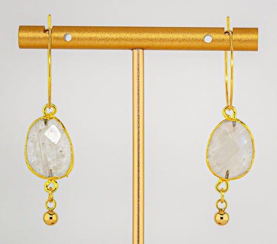 Rainbow Moonstone Hoop Earrings: Boho Luxe Gold Dangles, Unique White Gemstone Jewelry
