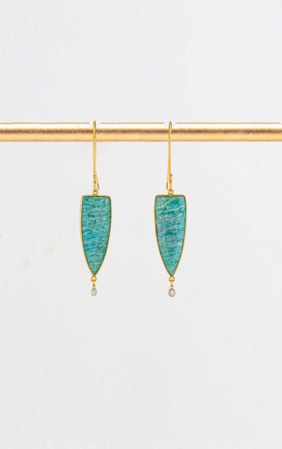 Green and Gold Amazonite Drop Earrings: Long Dangling Boho Luxe Statement Jewelry