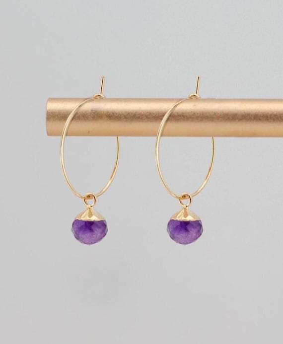 Dainty Amethyst Earrings: Little Stainless Steel Gold Hoops, Dark Purple Gemstone Jewelry, February Birthstone