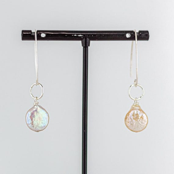 Peach Pearl Drop Earrings: Dainty Silver Fishook Style, Beach and Boho Wedding Shell Jewelry