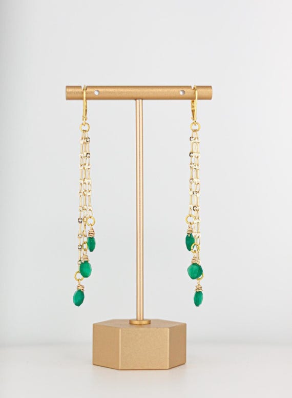 Green Onyx Drop Earrings: Long Chandelier Style Gold Chain Dangles for Everyday Wear